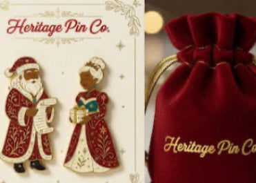 Santa & Mrs. Claus enamel pin set on branded backer card with velvet gift bag, Black love holiday collectible