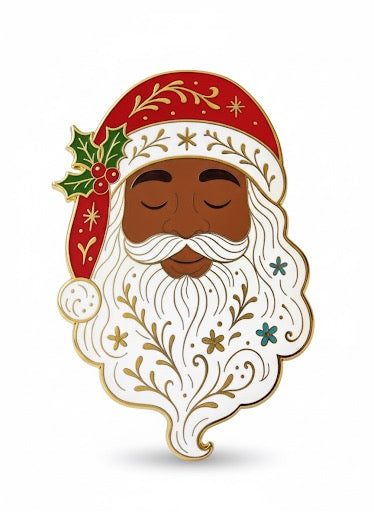 African American Whimsical Santa enamel pin with holly-crowned hat and golden beard swirls, holiday collectible