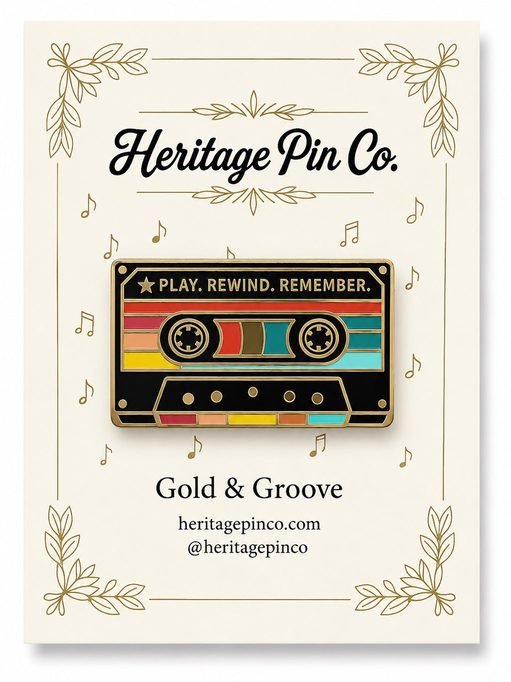 Play Rewind Remember | Gold & Groove Cassette Pin