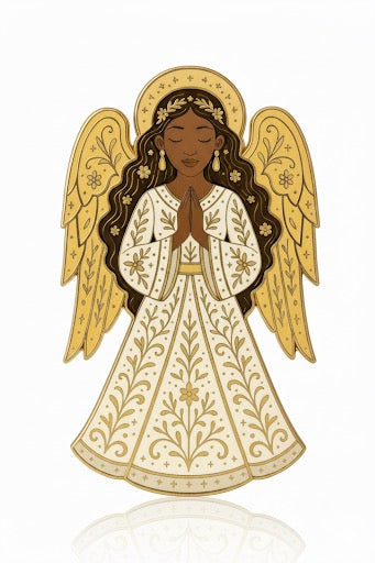 African American Angel enamel pin with sweeping gown and poised wings, Christmas collectible