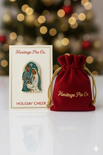 Black Nativity enamel pin on branded backer card with velvet gift bag, faith and heritage holiday collectible
