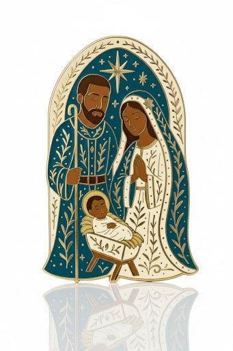 African American Black Nativity enamel pin featuring Holy Family with gold detailing, Christmas collectible