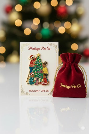 Family Christmas Tree enamel pin on Heritage Pin Co. backer card with velvet gift bag, heritage holiday collectible