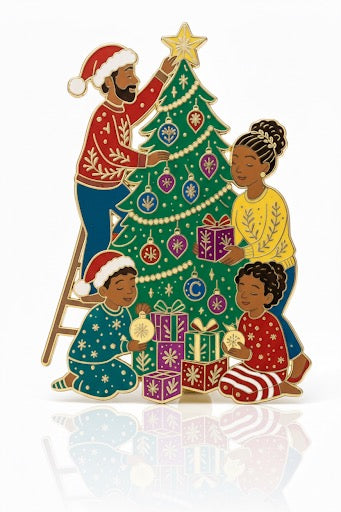 African American family Christmas tree enamel pin with figures gathered around tree, holiday collectible