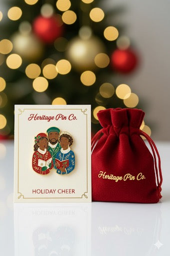 Carolers enamel pin on branded backer card with velvet gift bag, community heritage holiday pin