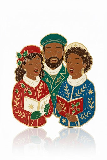 African American Carolers enamel pin with three singers in festive winter attire, holiday collectible