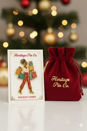 Holiday Shopper enamel pin on Heritage Pin Co. backer card with velvet gift bag, holiday fashion collectible