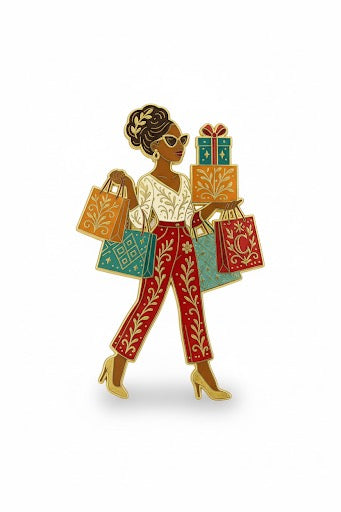 African American Holiday Shopper enamel pin with shopping bags and sunglasses, festive collectible