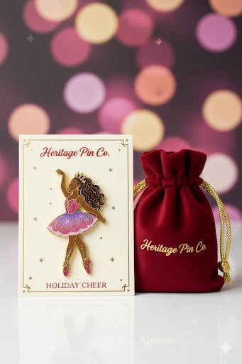 Nutcracker ballerina pin on branded backer card with velvet gift bag, Christmas collectible