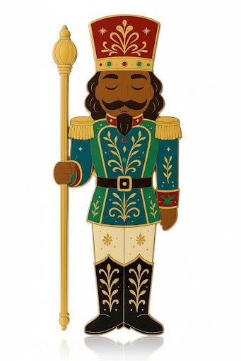 African American Nutcracker enamel pin holiday collectible with gold detailing, festive background