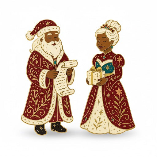 African American Santa & Mrs. Claus enamel pin set in festive outfits, holiday collectible